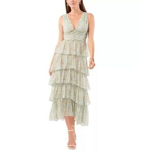 129$ 1.STATE Floral Ruffle Tiered Fit & Flare Maxi Dress Size 0 Light Green
